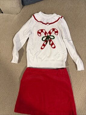 Copper Key White Sweater with Red Candy Canes and Green Bow Accent